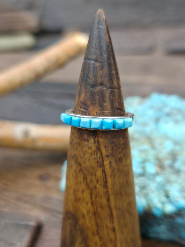 Turquoise Cobblestone Inlay Sterling Silver Ring by Albert Topaha - Size 8