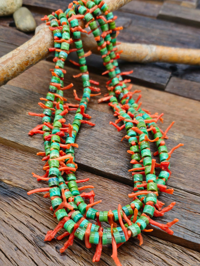 Three Strand Green Turquoise Heshi and Branch Coral Necklace - 29 in.