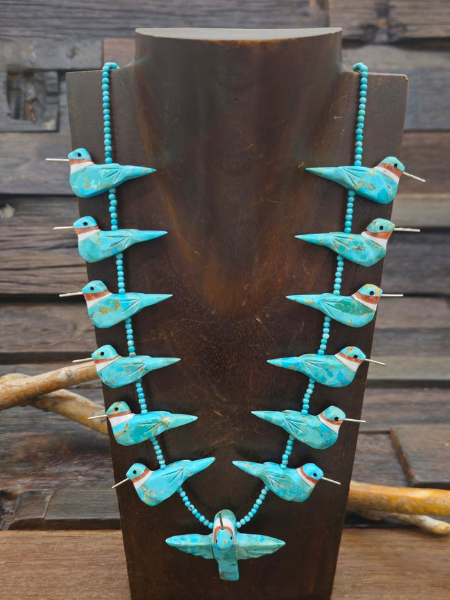 Blue Turquoise 13 Hummingbird Necklace with Blue Turquoise Beads by Matt Mitchell - 28 in.