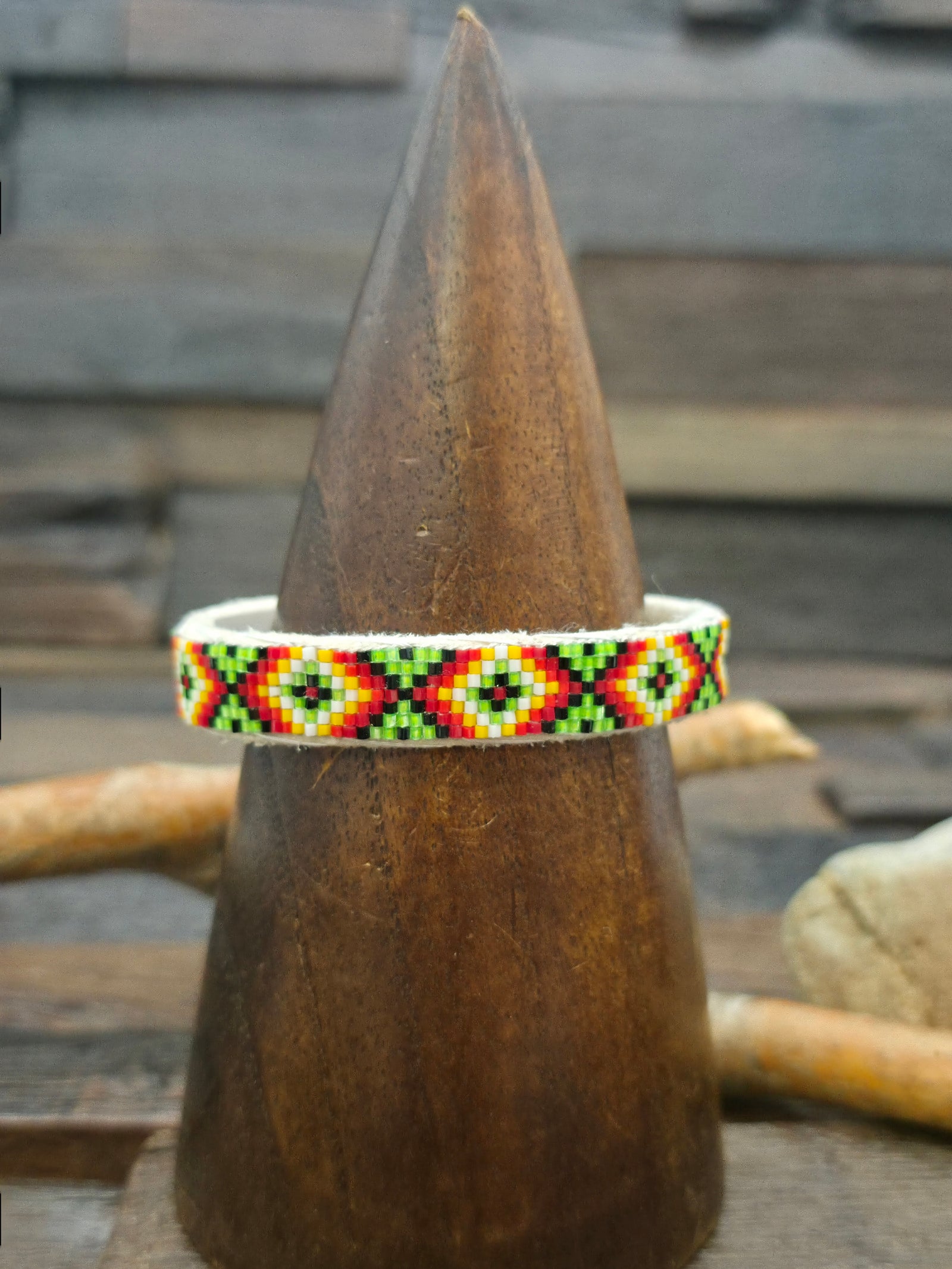 Narrow Beadwork Cuff - Diamond Pattern on Green - 6 1/2 in.