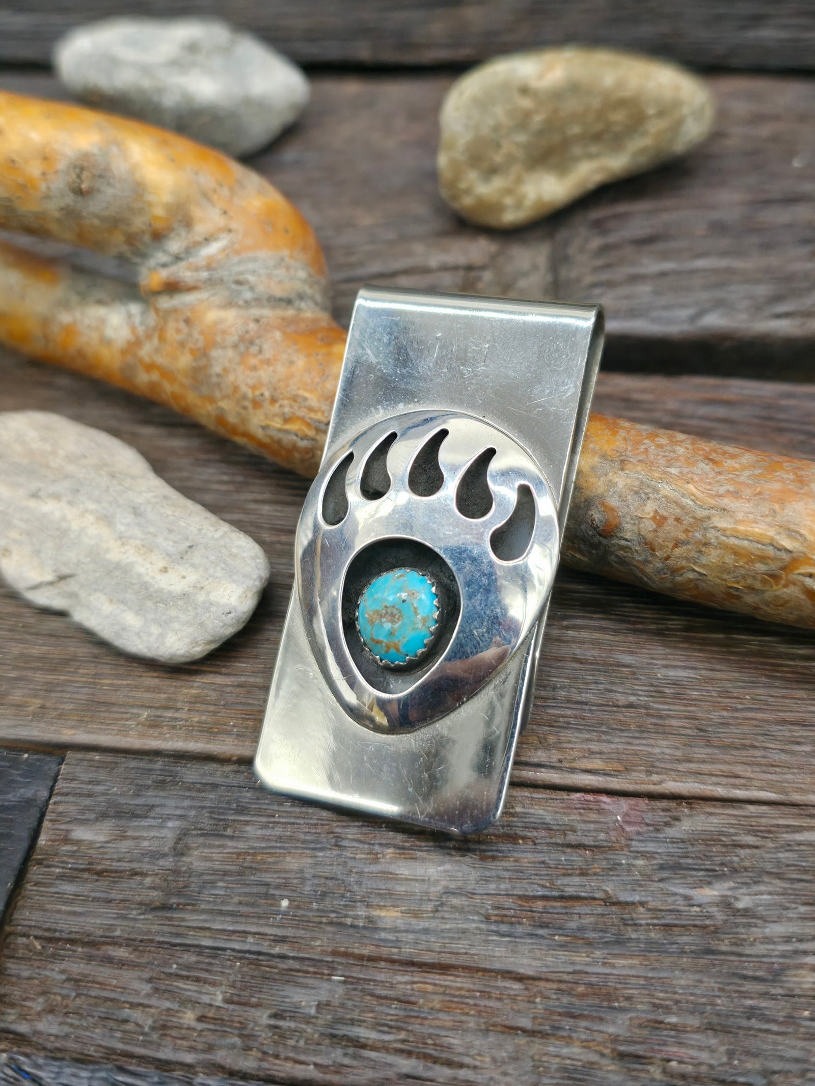Sterling Silver Bear Paw Turquoise Shadowbox Money Clip by Sandra Parker - 2 in. by 1 in.