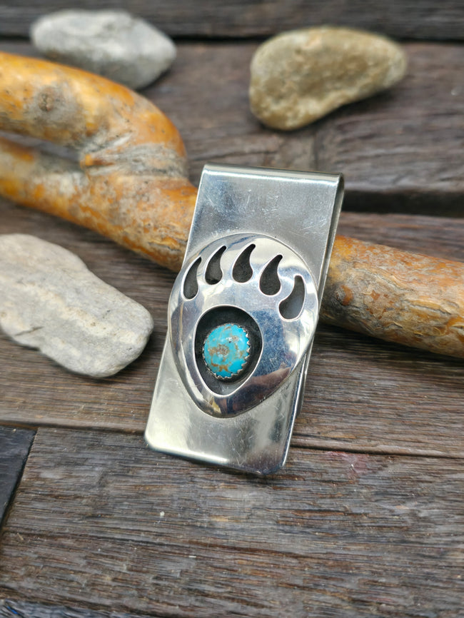 Sterling Silver Bear Paw Turquoise Shadowbox Money Clip by Sandra Parker - 2 in. by 1 in.