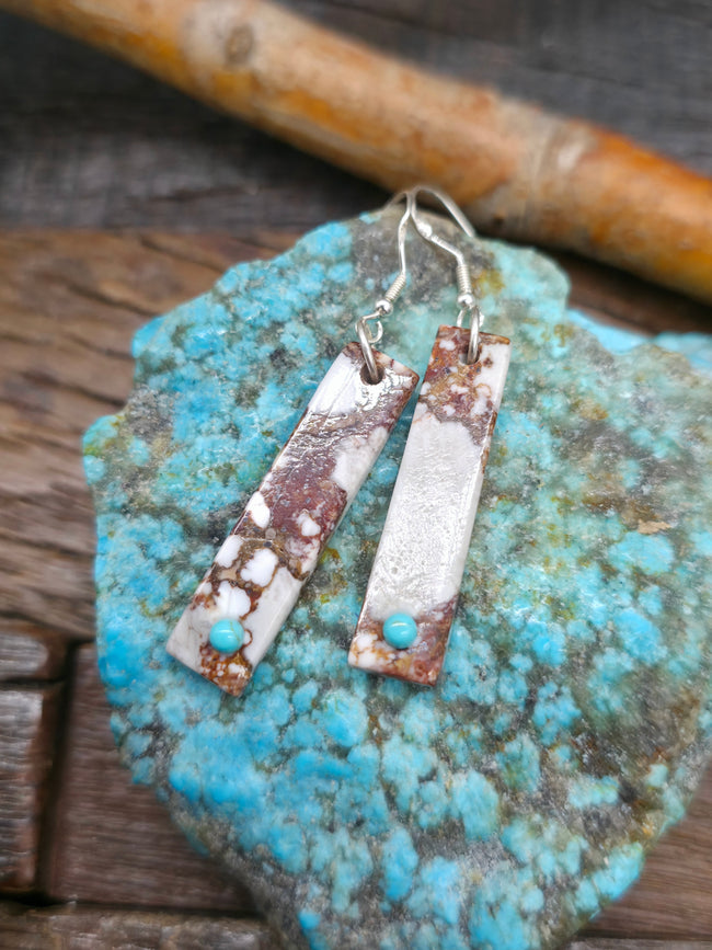Wild Horse and Turquoise Slab Earrings by Jesus Espino - 2 1/4 in. by 3/8 in.