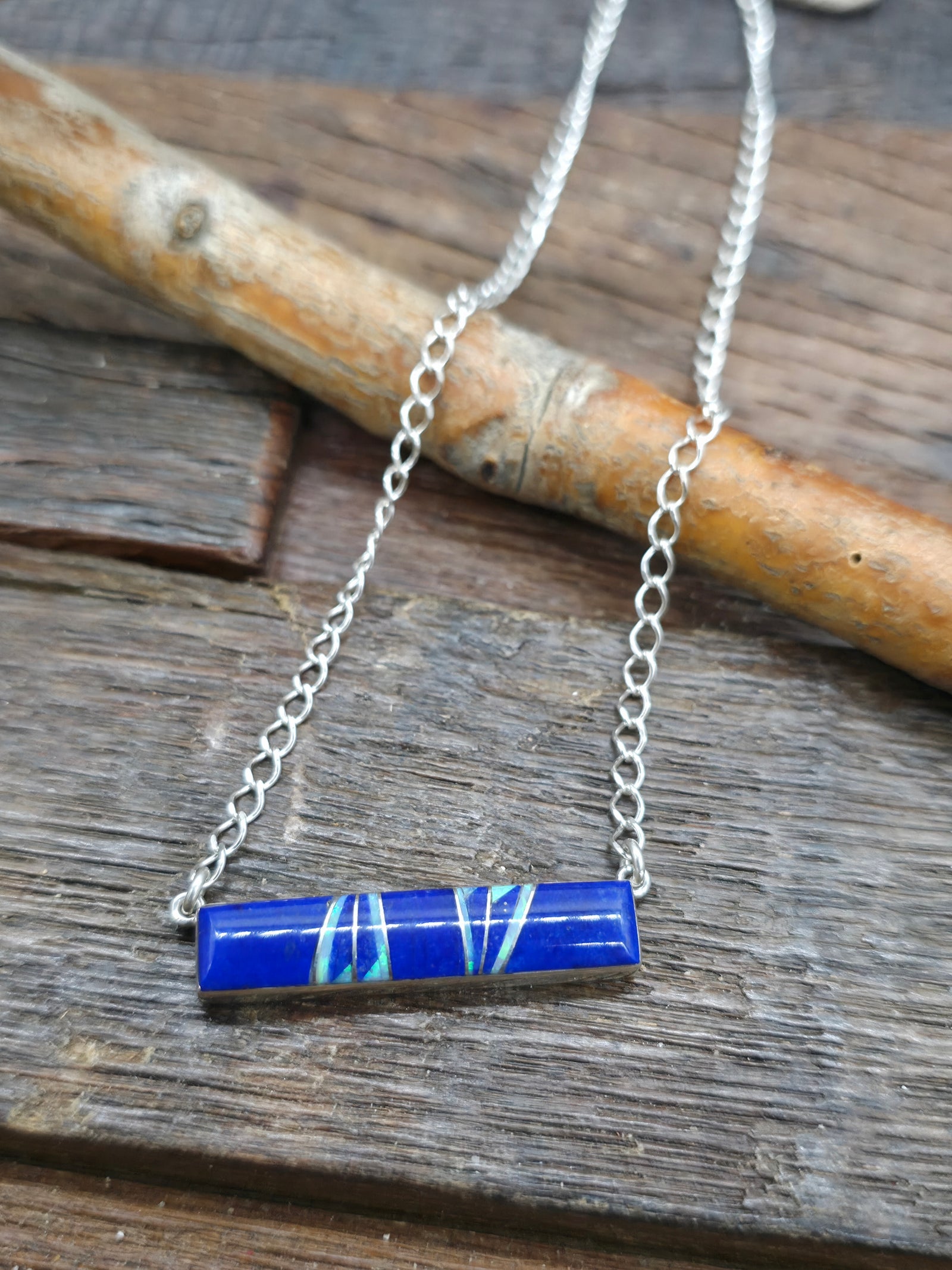 Sterling Silver Inlay Bar Necklace by Cathy Webster - 18 in. - Lapis and Lab Opal
