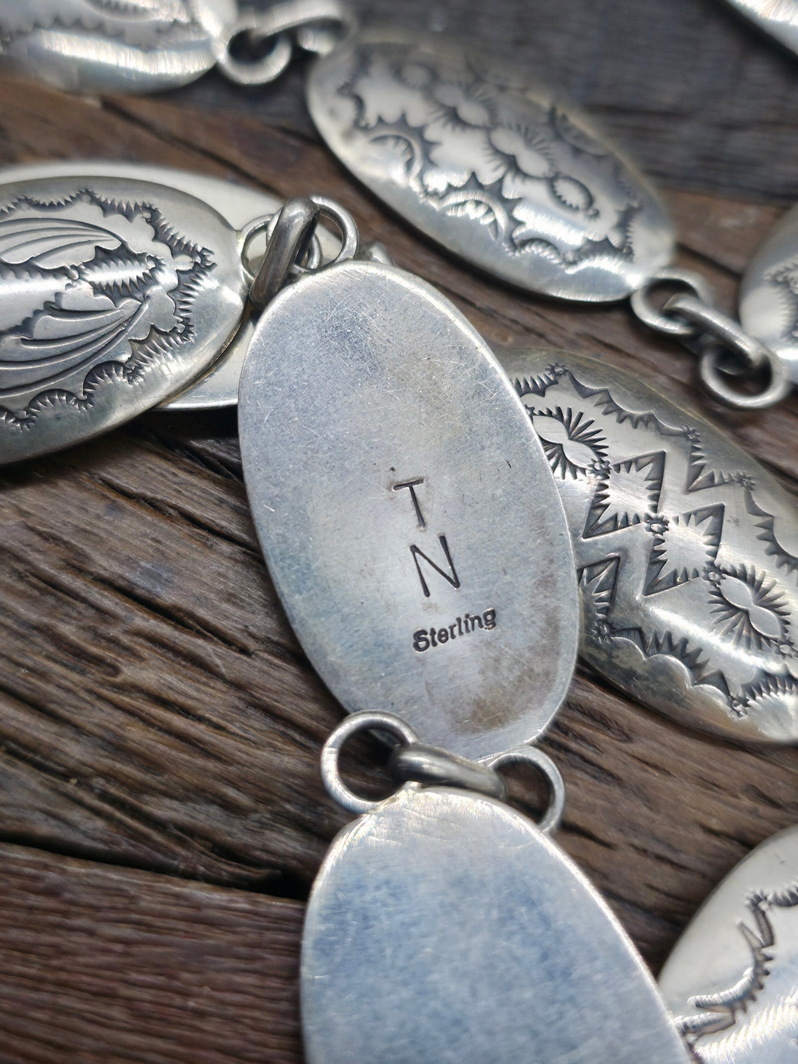 Stamped Sterling Silver Link Belt with Wild Horse Buckle by Thomas Nez - 42 in.