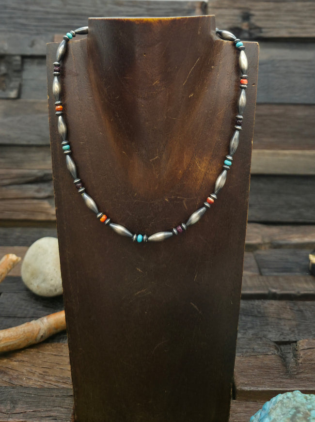 Oxidized Sterling Silver Melon Bead Necklace with Turquoise and Purple and Orange Spiny by Reva Goodluck - 16 in.