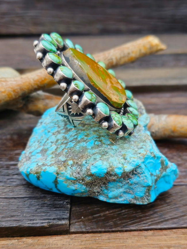 Large Green Turquoise Cluster Ring by Blaine Yellowstone - Size 9