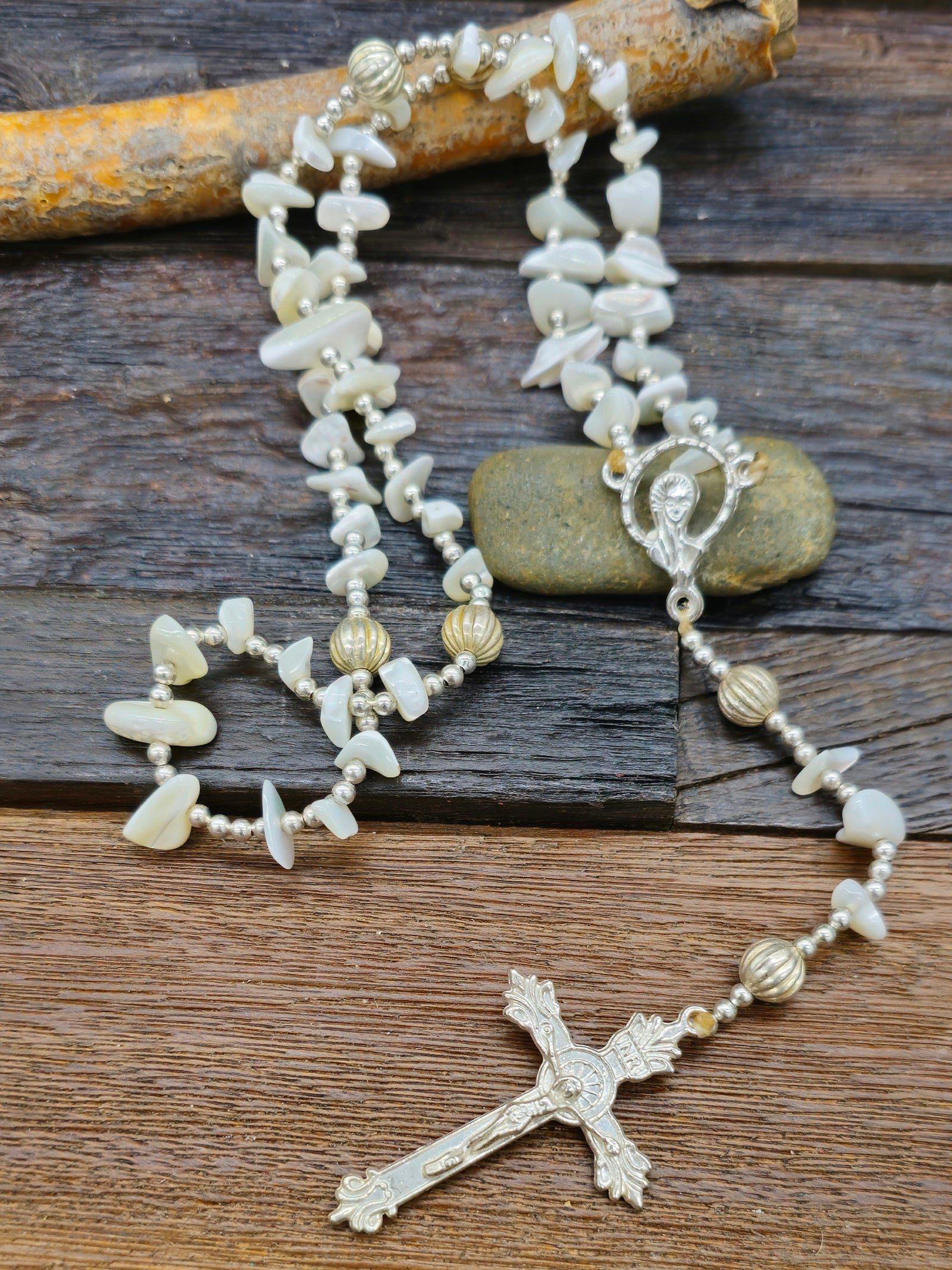 Mother of Pearl and Sterling Silver Rosary by Eileen Coriz
