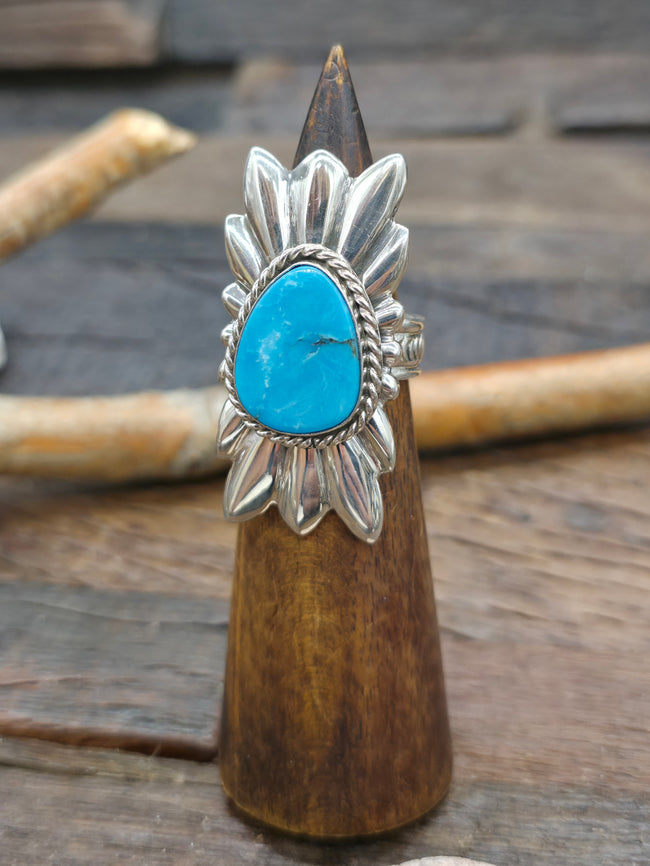 High Shine Sterling Silver Kingman Turquoise Starburst Ring - Size 9