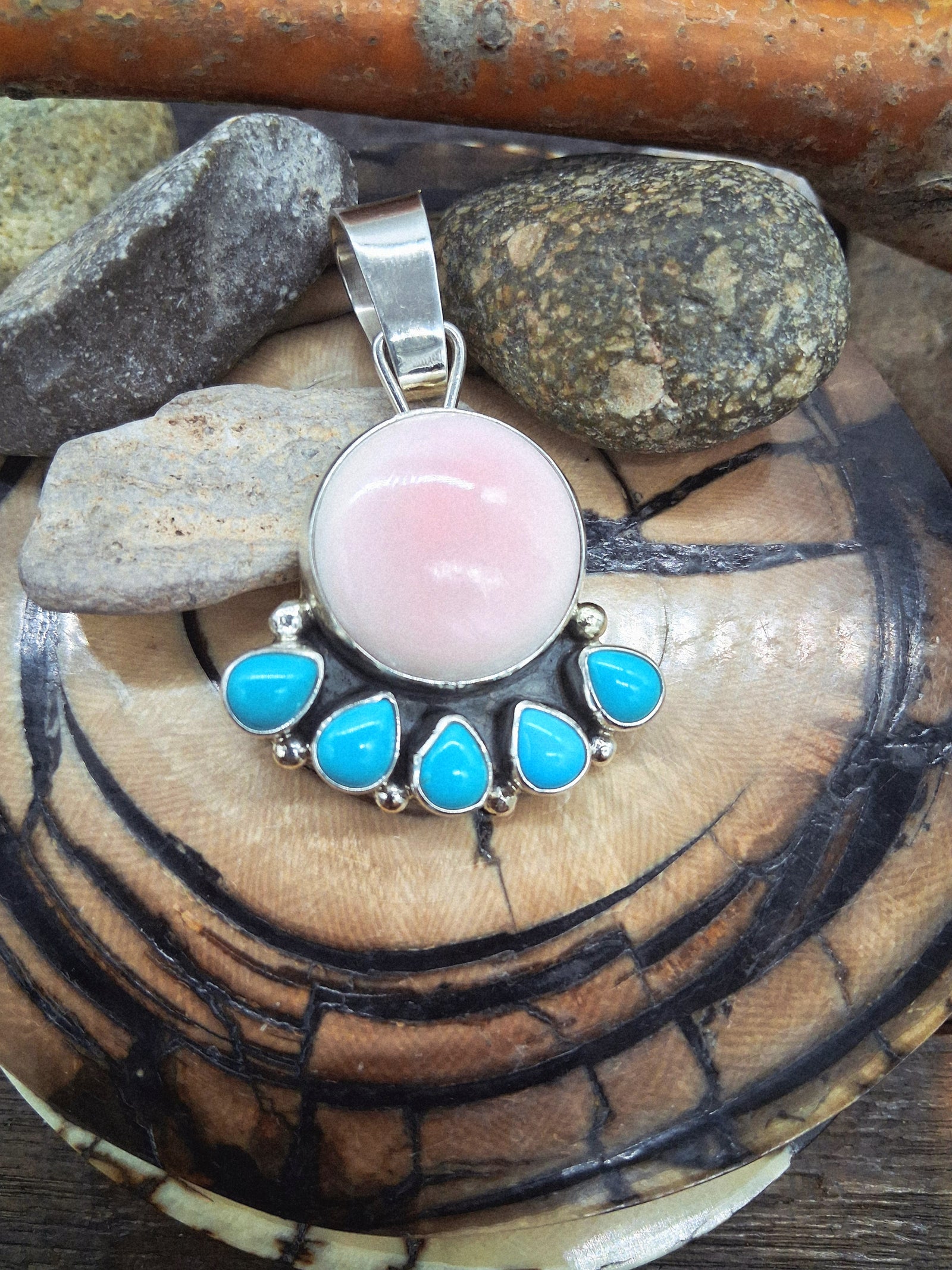 Sterling Silver Pink Conch Turquoise Round Pendant w/5 Teardrops by Sheila Bicenti