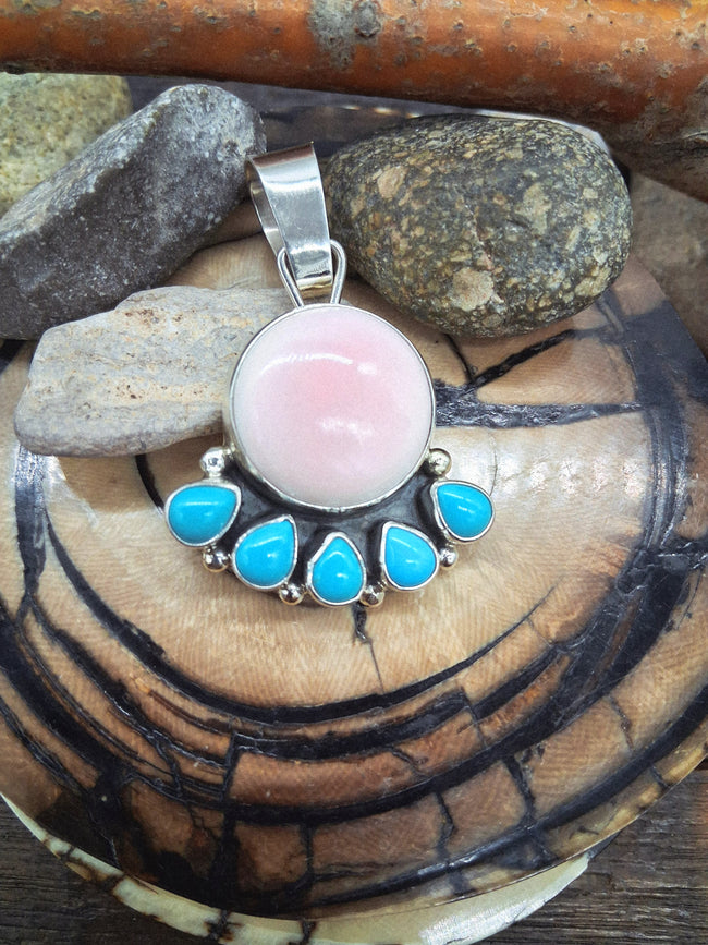 Sterling Silver Pink Conch Turquoise Round Pendant w/5 Teardrops by Sheila Bicenti