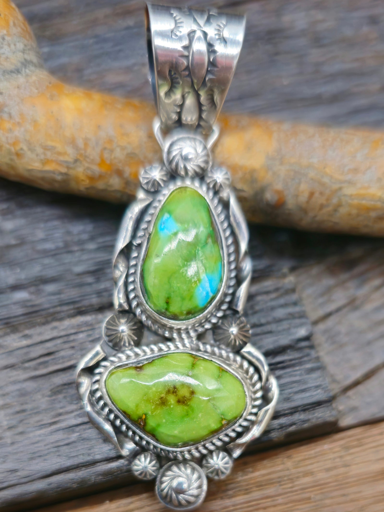 Sonoran Gold Turquoise 2 Stone Sterling Silver Pendant by Rosella Paxton
