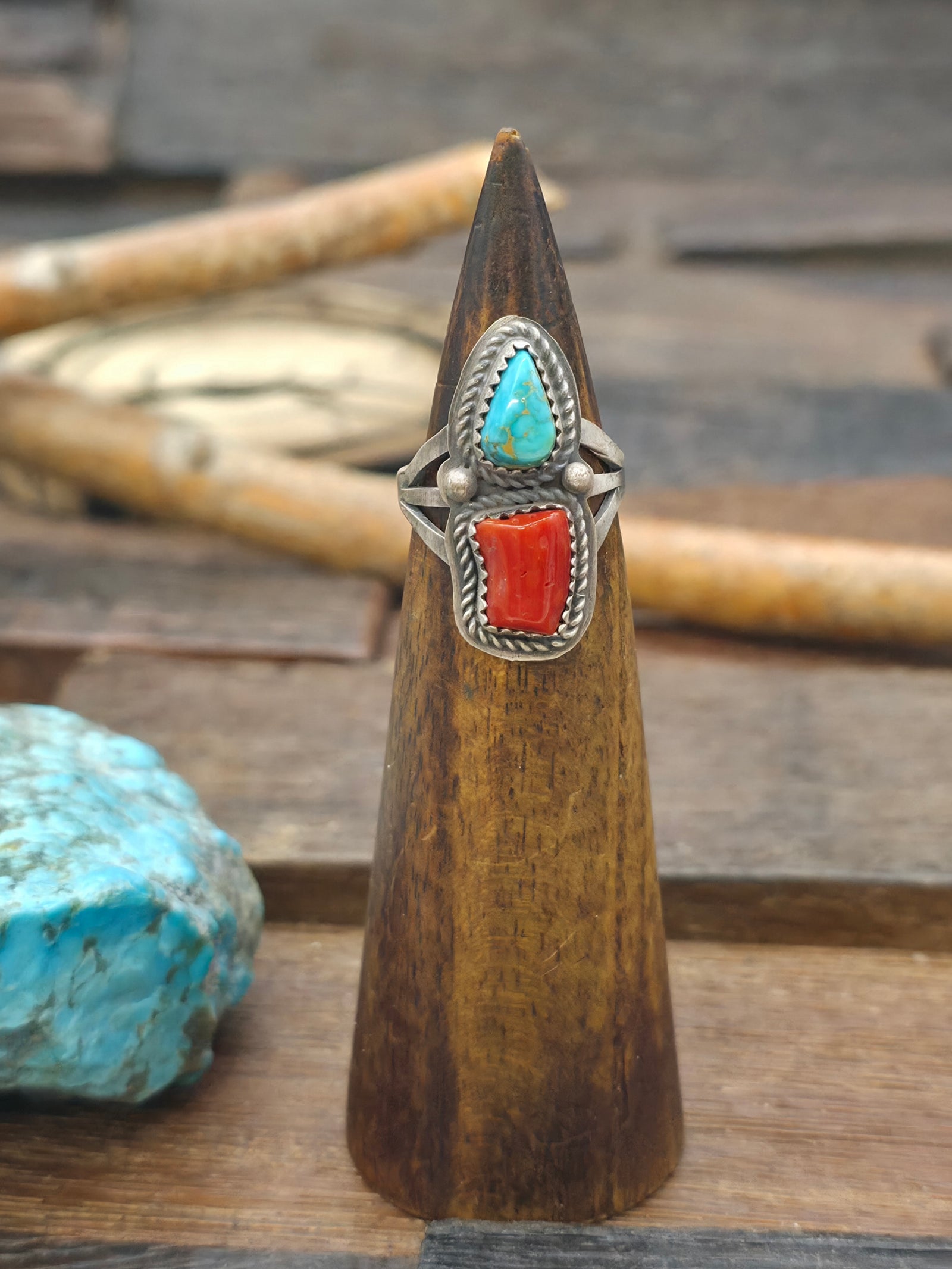 Two Stone Sterling Silver Turquoise and Coral Ring by L. Ganado - Size 7