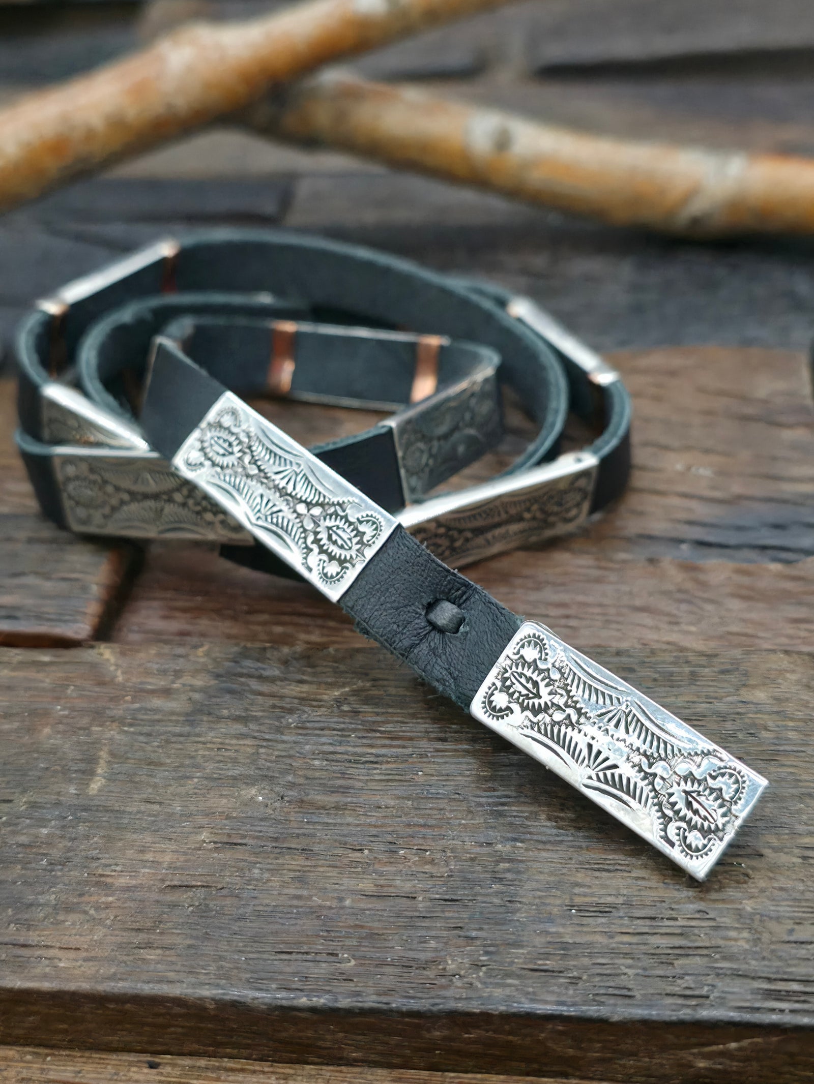 Black Leather Hat Band with Stamped Sterling Silver Conchos by Shirley Skeet - 34 in.