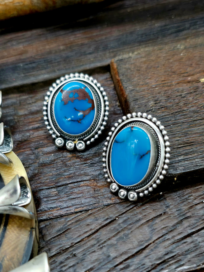Sterling Silver Egyptian Turquoise Squash Blossom Necklace and Earring Set by Mark Yazzie - 22 in.