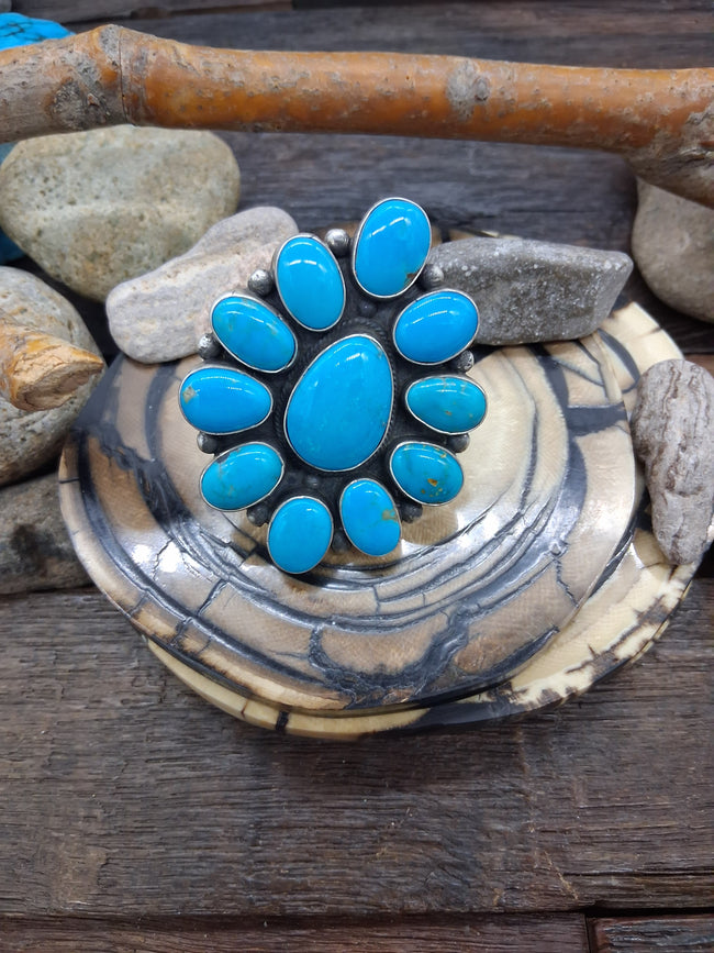 Sterling Silver Kingman Turquoise Cluster Ring Size 8 by Travis J.