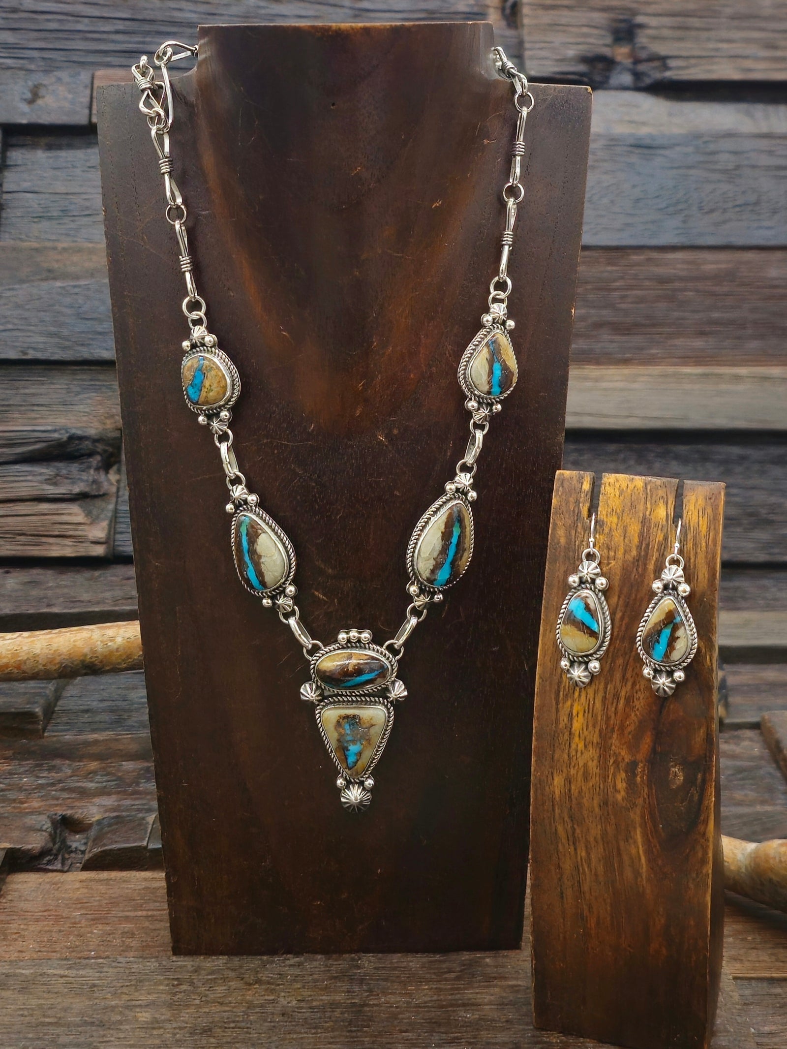 Blue Gem Boulder Turquoise Lariat Necklace and Earring Set by Rosella Paxton - 22 in.