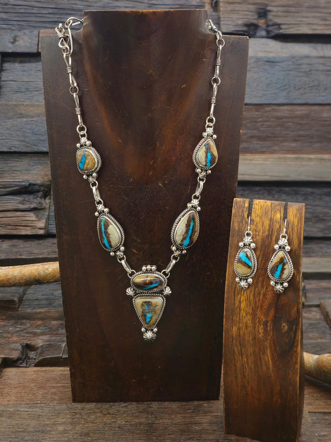 Blue Gem Boulder Turquoise Lariat Necklace and Earring Set by Rosella Paxton - 22 in.