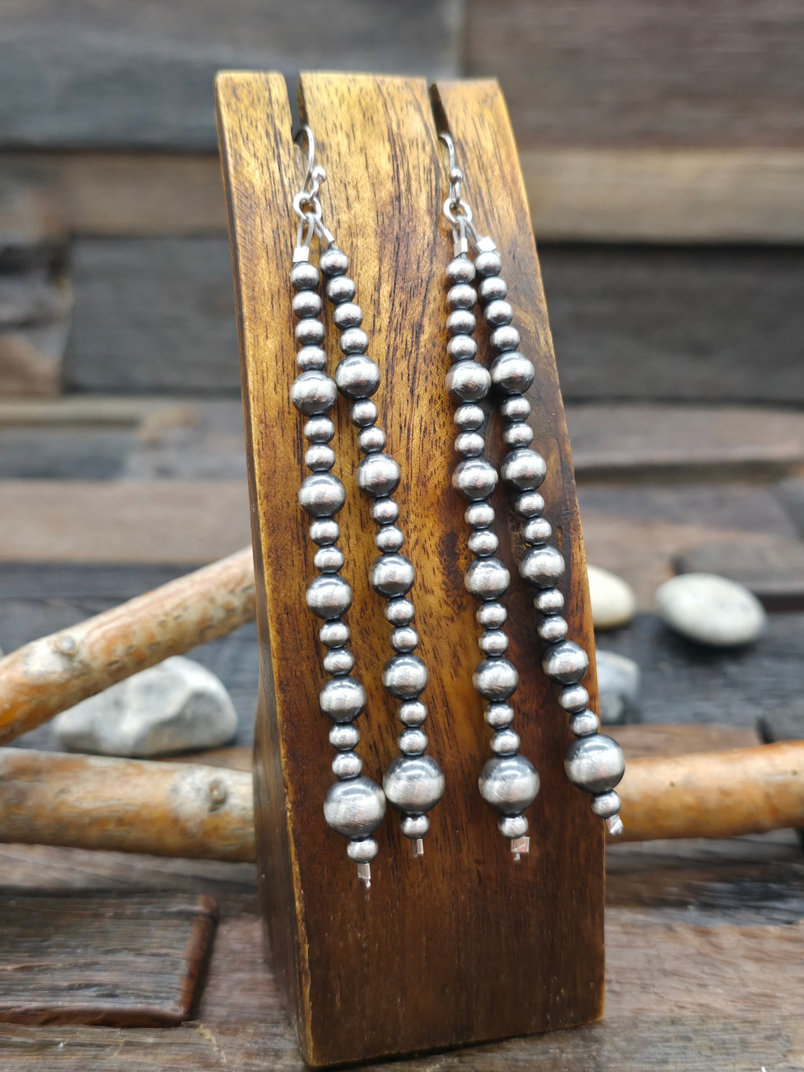 Long Oxidized Sterling Silver Bead Earrings - Double Strand