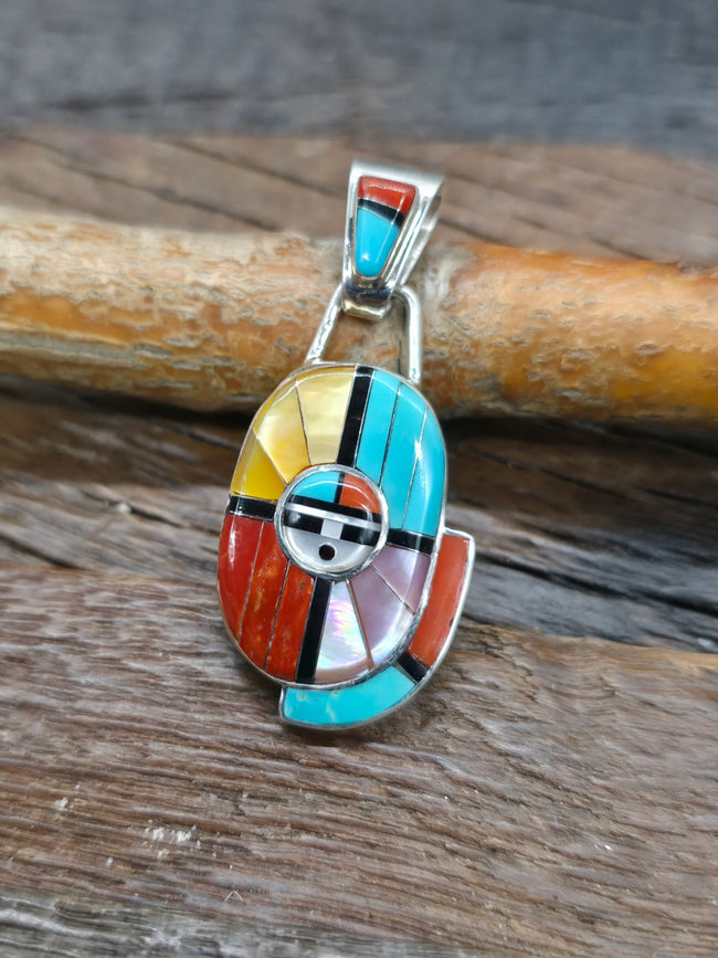Oval Sterling Silver Zuni Inlay Sun Face Pendant by Don Dewa - 2 in. by 7/8 in.
