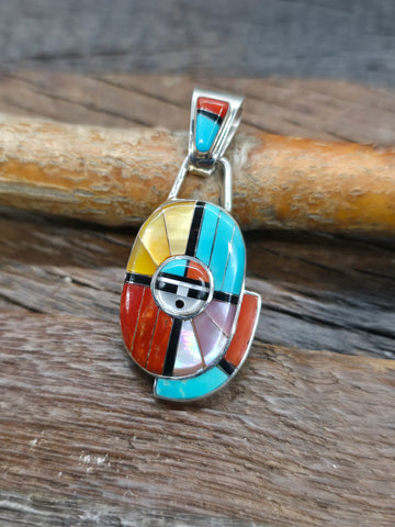 Cast and Stamped Sterling Silver, Turquoise, and Purple Spiny Oyster Thunderbird Pendant by Sean Cayatineto - 4 in. by 2 in.