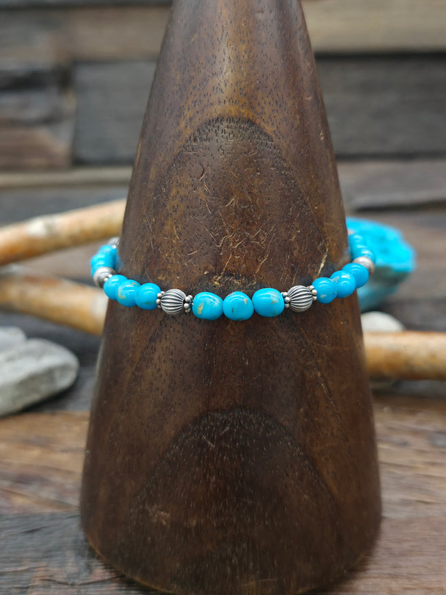 Blue Turquoise and Sterling Silver Beaded Bracelet - 7 in.