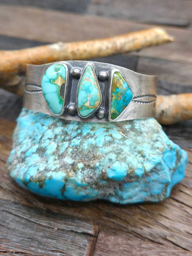 Three Stone Sonoran Turquoise Stamped Sterling Silver Cuff by LaRose Ganadanegro - 7 in. with Gap