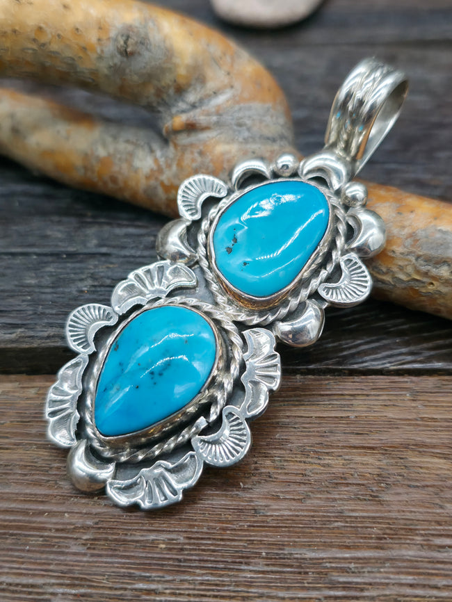 Kingman Two Stone Turquoise Sterling Silver Pendant by Jeff Largo