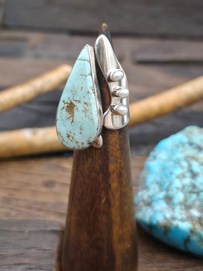 Vintage/Estate Sterling Silver Dry Creek Turquoise and Pearl Ring by Lilly Barrack - Adjustable