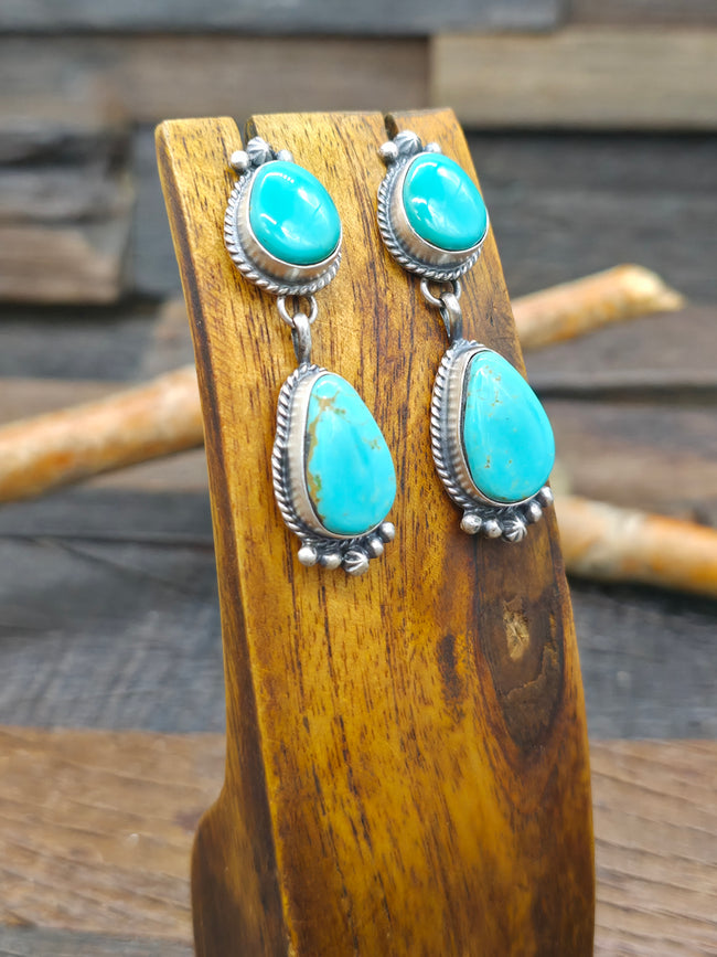Two Stone Sterling Silver Blue Turquoise Earrings by Freida Martinez - 2 1/4 in. by 1/2 in.