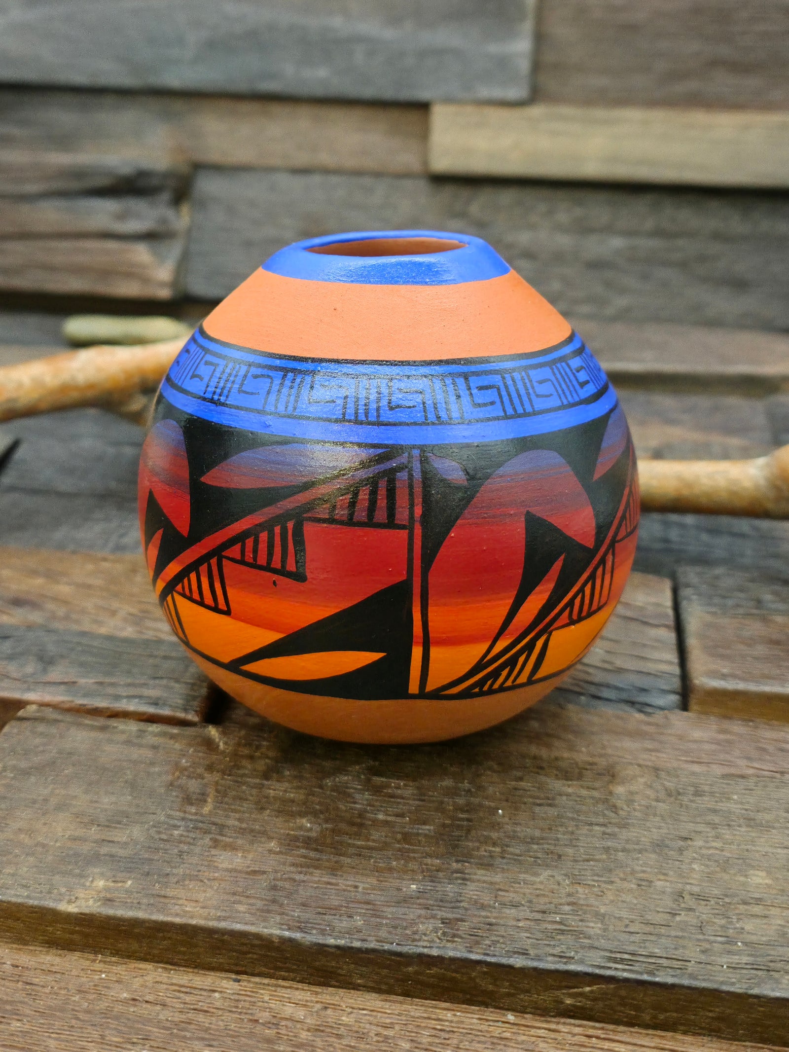 Red Clay Rainbow and Black Seed Pot by Andy Tsosie - 4 in. by 3 1/2 in. by 3 1/2 in.