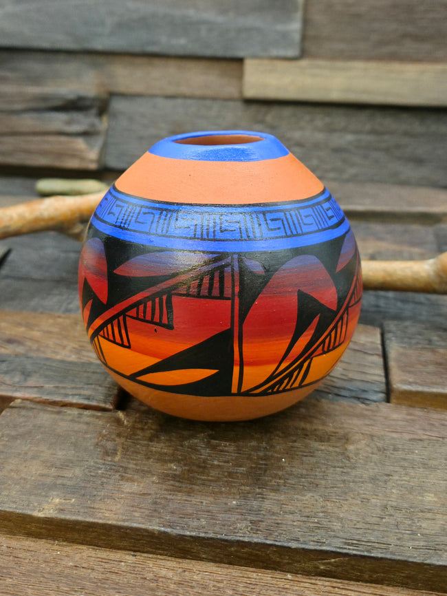Red Clay Rainbow and Black Seed Pot by Andy Tsosie - 4 in. by 3 1/2 in. by 3 1/2 in.