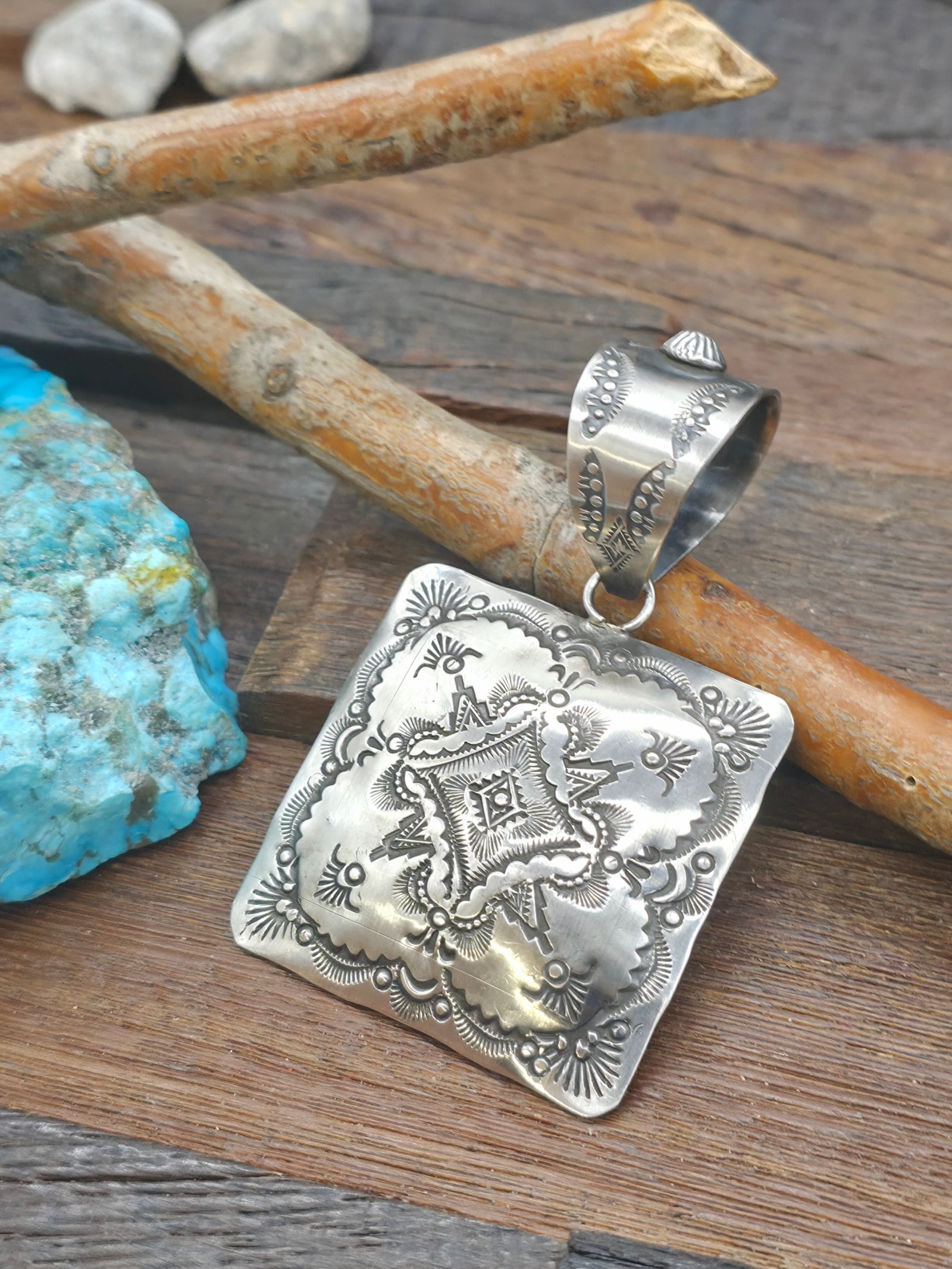 Large Stamped Sterling Silver Square Pendant by Vincent Platero -  3 1/4 in. by 2 1/4 in.
