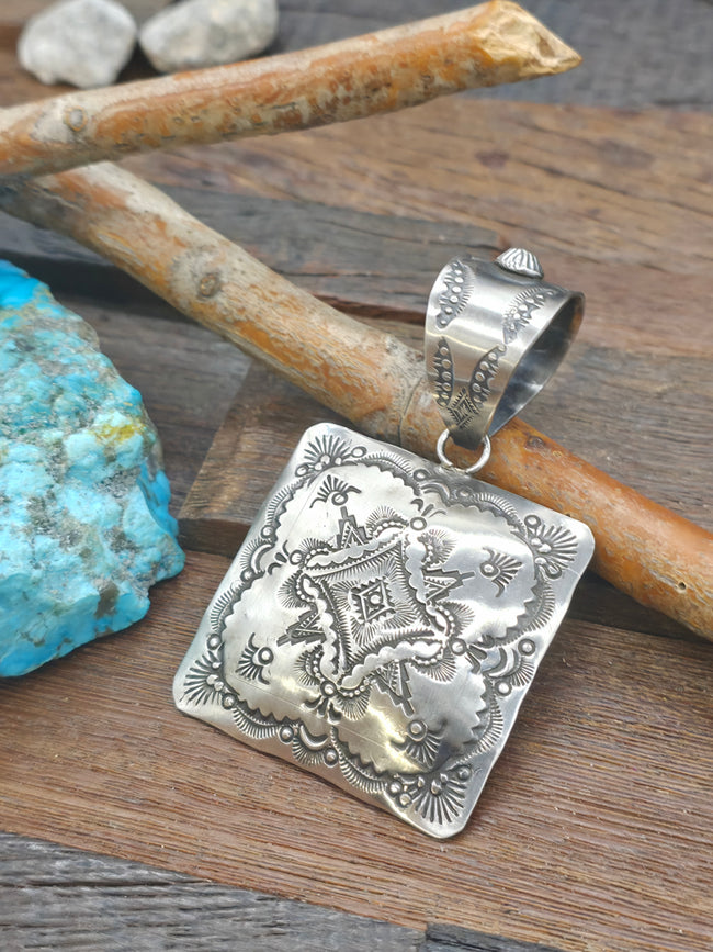 Large Stamped Sterling Silver Square Pendant by Vincent Platero -  3 1/4 in. by 2 1/4 in.