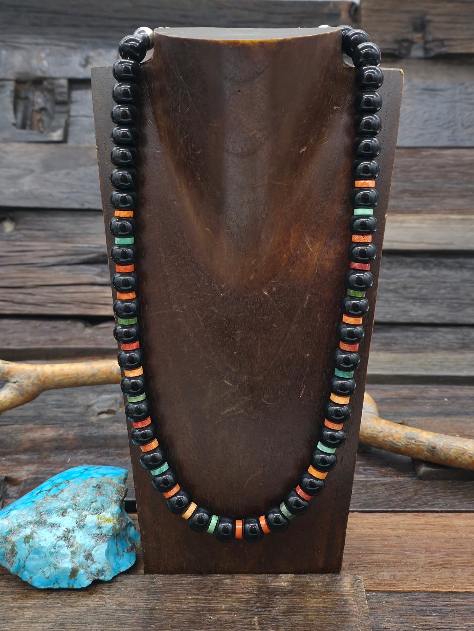Black Onyx Bead Strand Necklace w/Coral Turquoise Sterling Silver 20in