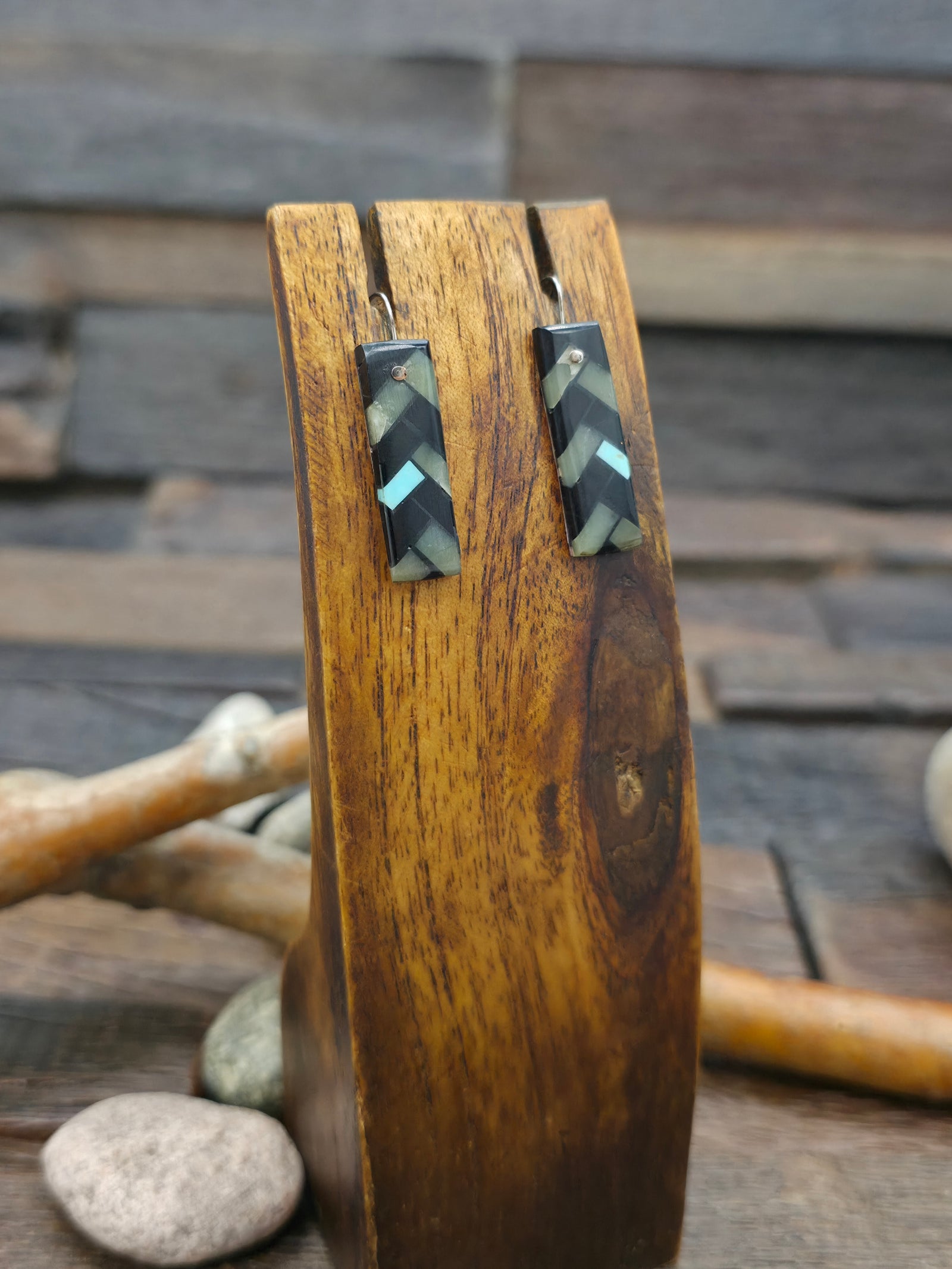 Jet, Serpentine, and Turquoise Mosaic Inlay Earrings by Rena Owen - 1 1/2 in. by 3/8 in.