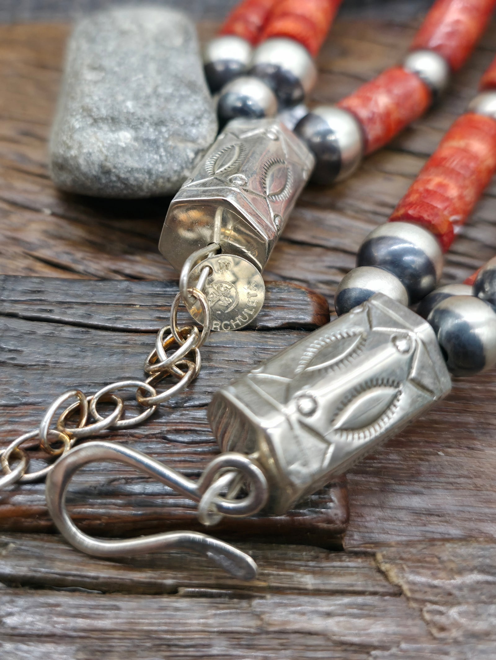 Three Strand Apple Coral and Oxidized Sterling Silver Bead Necklace by Fred Archuleta - 24 in. w/6 in. Extender