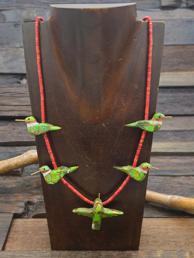 Green and Copper Composite Five Hummingbird Necklace with Sponge Coral by Matt Mitchell - 24 in.