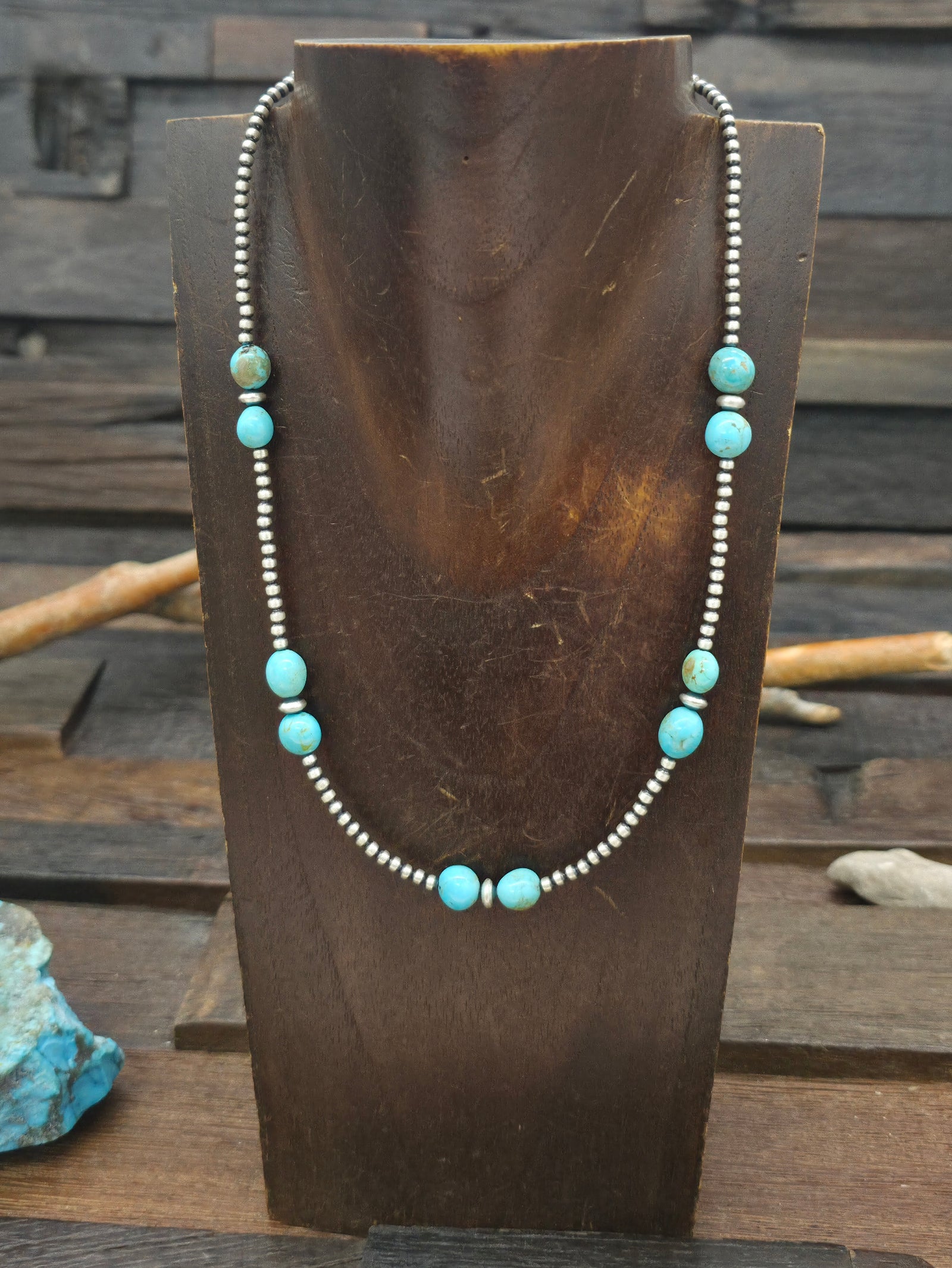 Oxidized Sterling Silver and Turquoise Bead Necklace - 16 in. plus 2 in. Extender