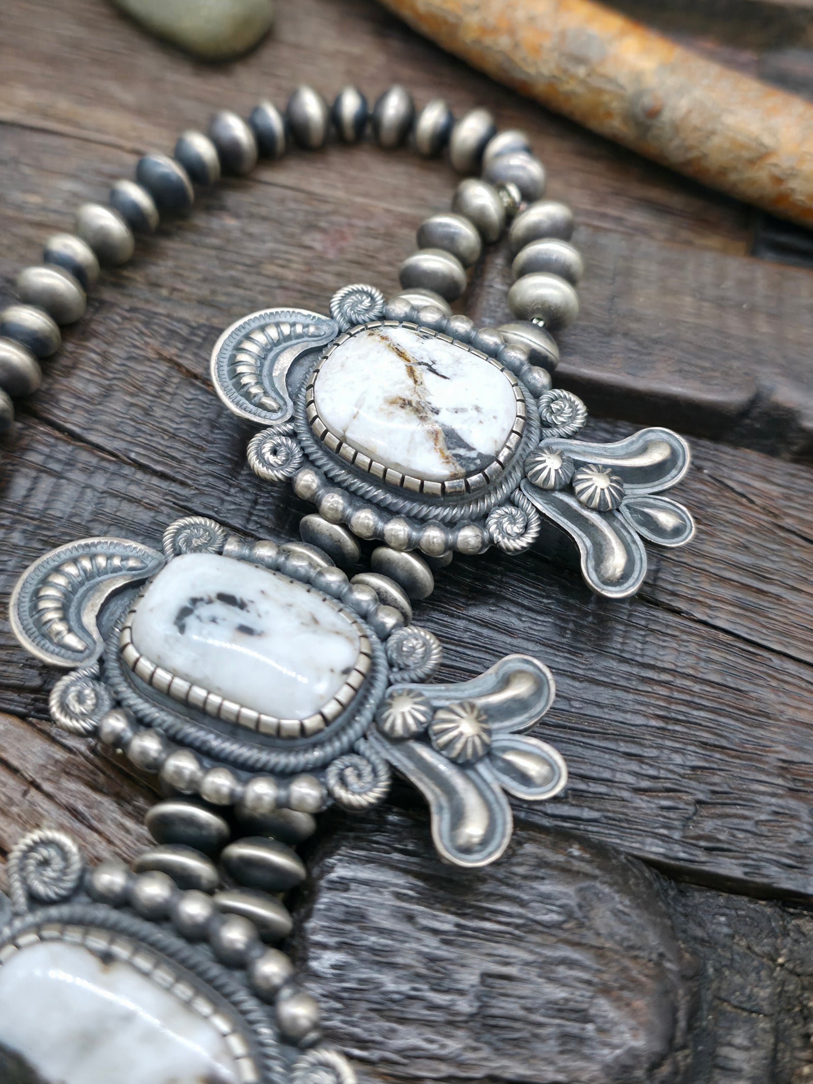 Extra Large Stamped Sterling Silver White Buffalo Squash Blossom Necklace by Leon Martinez - 30 in.