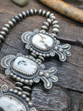 Extra Large Stamped Sterling Silver White Buffalo Squash Blossom Necklace by Leon Martinez - 30 in.
