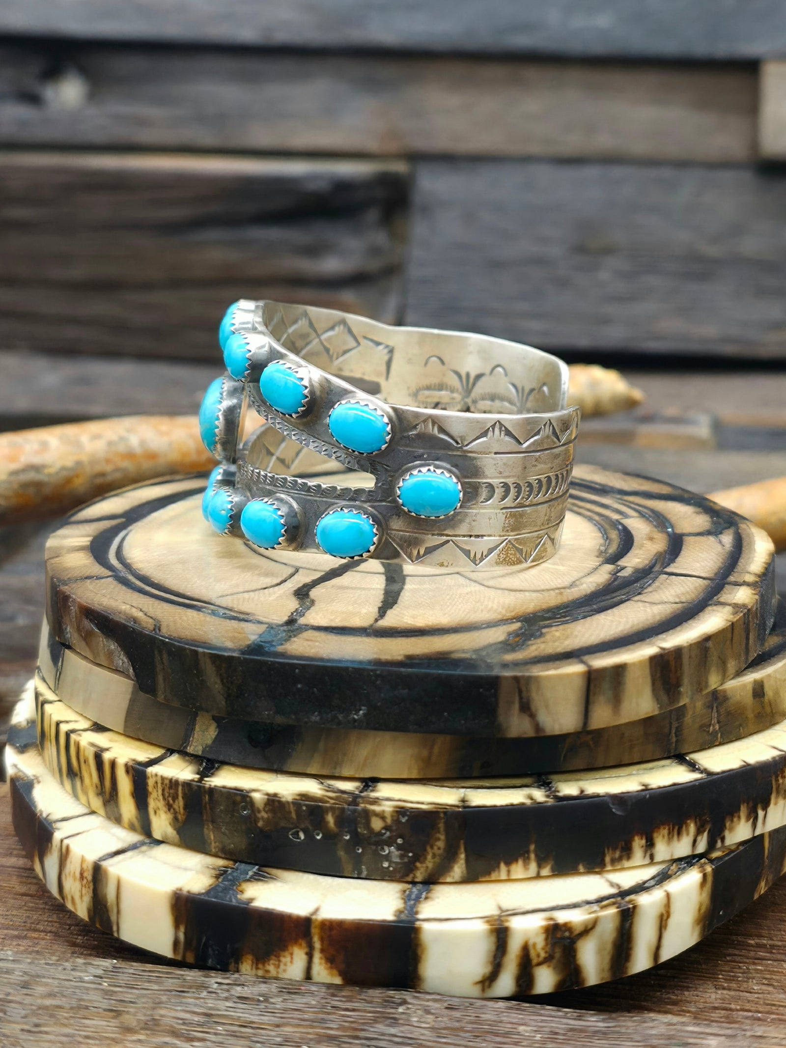 Stamped Sterling Silver Turquoise Cuff by Joann Spencer - 6 1/2 in.