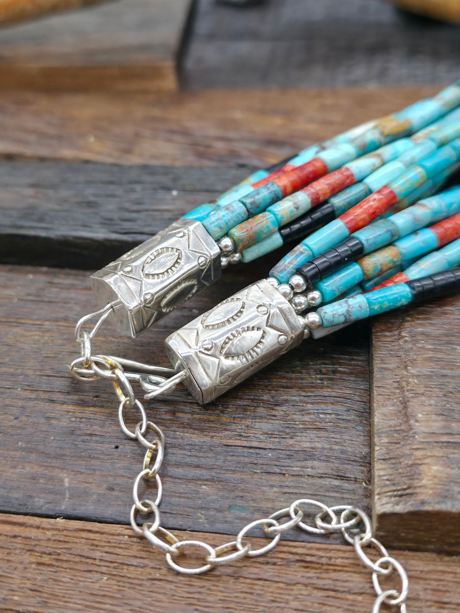 10 Strand Blue Turquoise, Apple Coral, and Jet Heishi Necklace by Fred Archuleta - 23 in. w/6 in. Extender