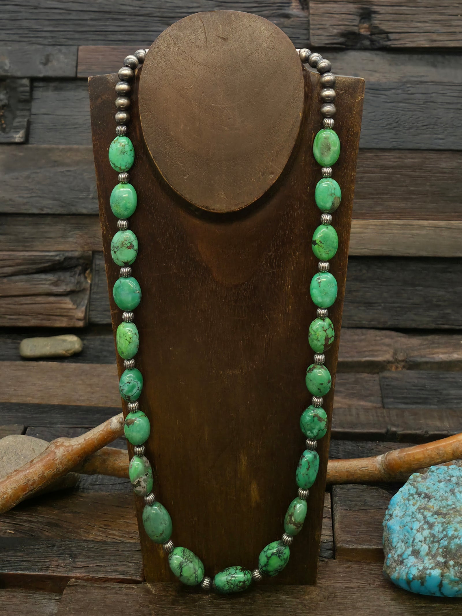 Green Skyhorse Turquoise and Fluted Sterling Silver Bead Necklace - 26 in.