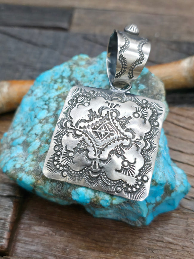 Stamped Sterling Silver Square Pendant by Vincent Platero - 2 3/4 in. by 1 1/2 in.