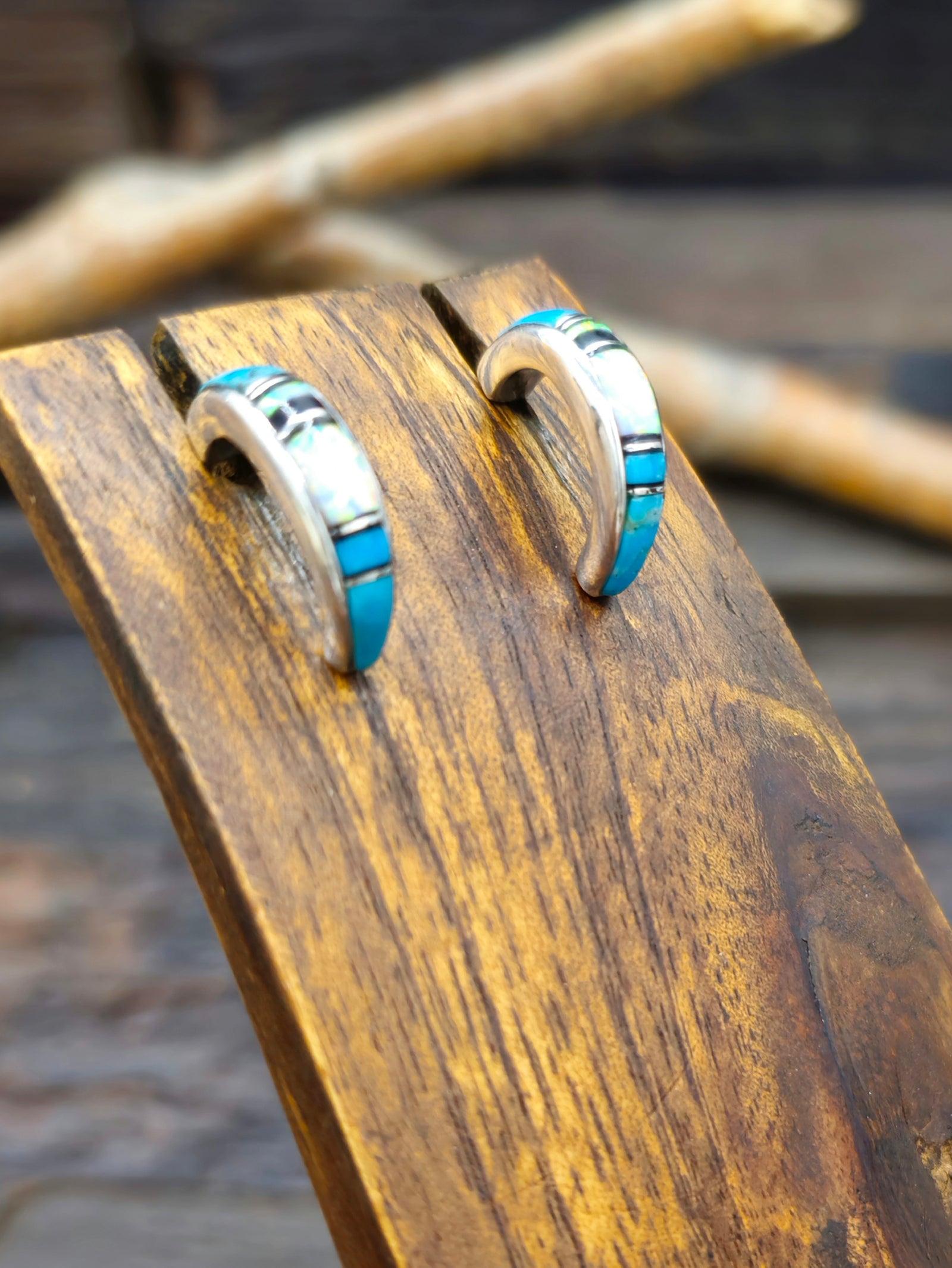 Blue Turquoise, Opal, and Onyx Sterling Silver Inlay Half Hoop Earrings