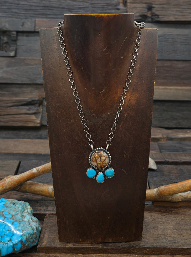 Sterling Silver Blue and Boulder Turquoise Pendant Necklace by Travis Jim - 20 in.