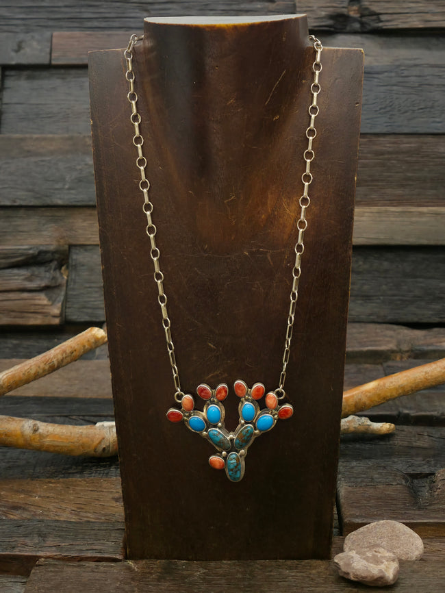 Sterling Silver Spiny Oyster and Turquoise Cactus Necklace by T.S. - 18 in.