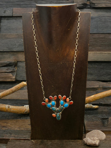 Kingman Turquoise and Spiny Oyster Jacla Necklace with Sterling Silver Beads by K. Goodluck - 30 in. with 5 in. Drop