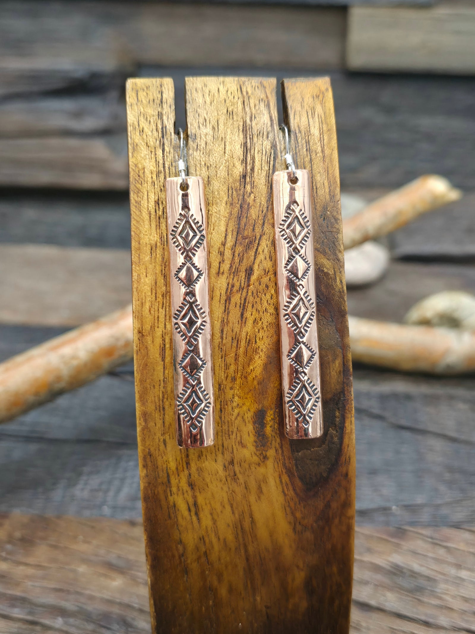 Long Stamped Copper Earrings by Felicia Etsitty - Designs Vary - 2 1/2 in. by 1/4 in.
